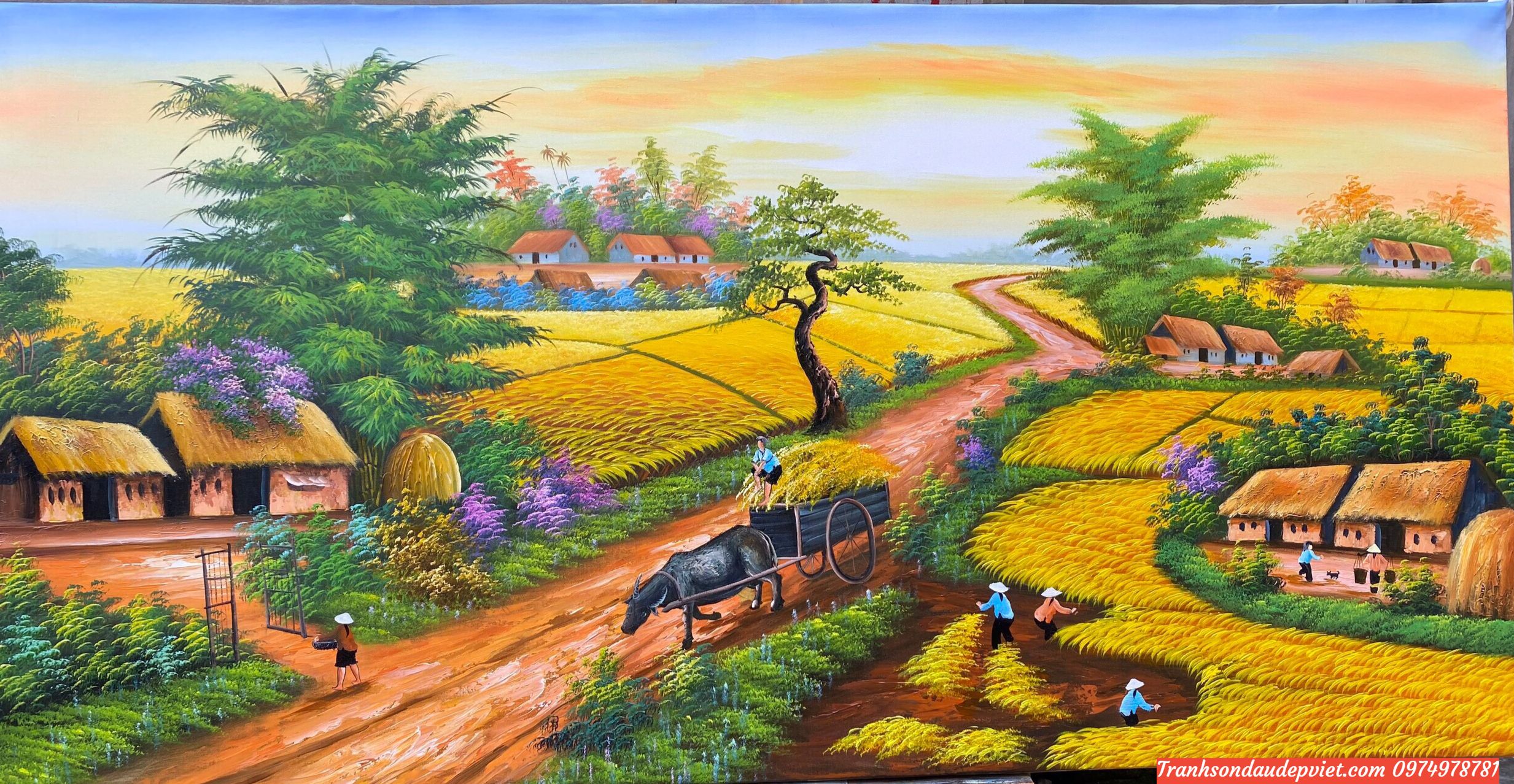 Tranh đồng quê ,tranh sơn dầu đồng quê mùa vụ gặt lúa