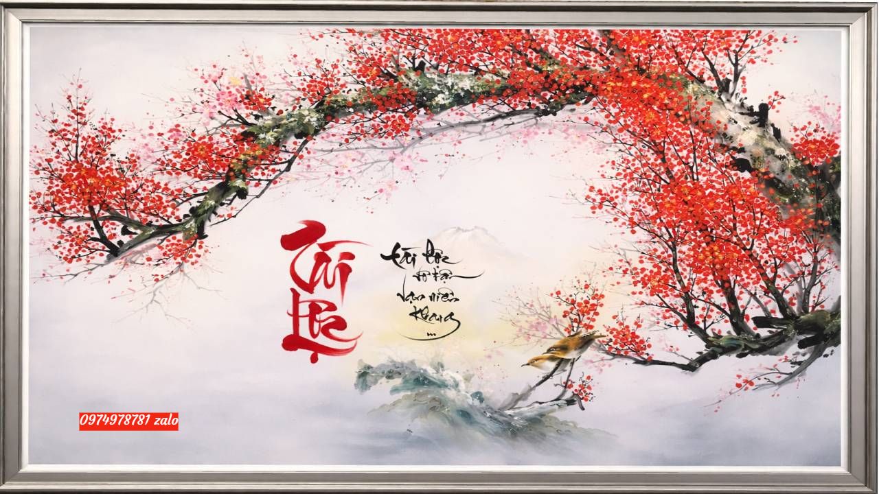 tranh hoa đào sơn dầu đẹp ý nghĩa treo tường