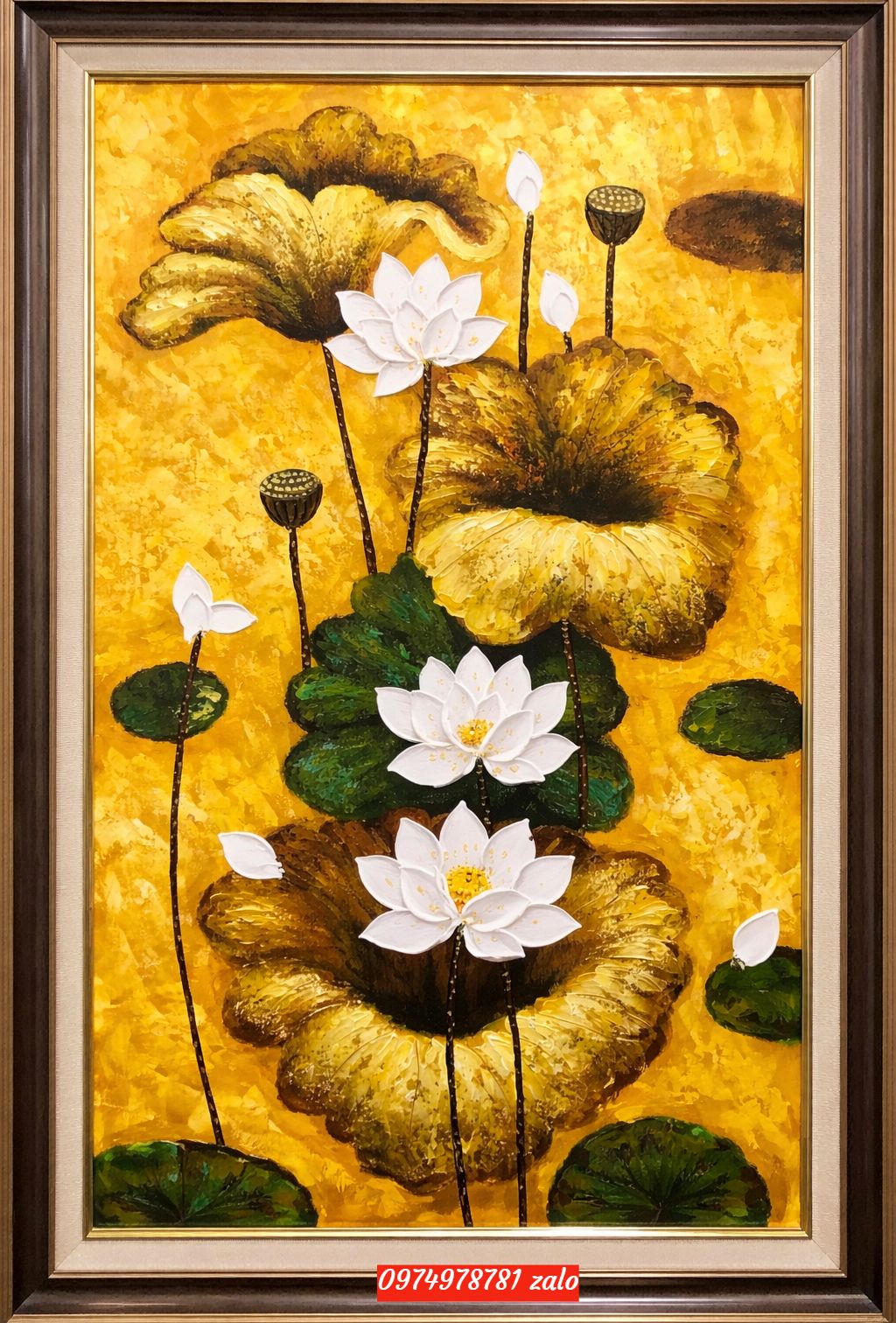 Tranh hoa sen khổ dọc sơn dầu