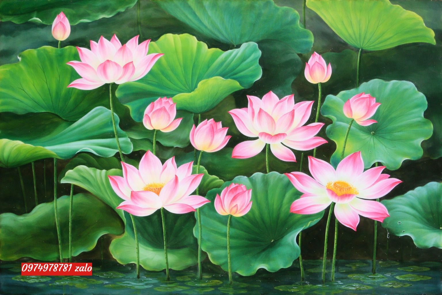 Tranh hoa sen, tranh sơn dầu hoa sen hồng đẹp PT64