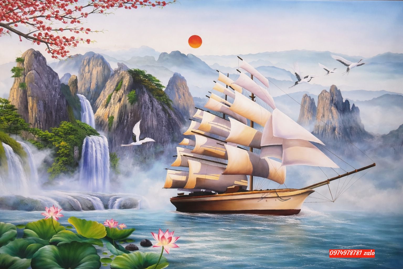 tranh thuận buồm xuôi gió, tranh sơn dầu treo phòng làm việc