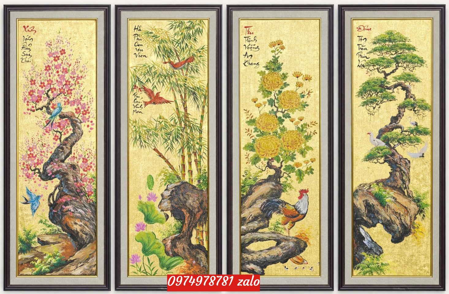Tranh tùng cúc trúc mai sơn dầu dát vàng